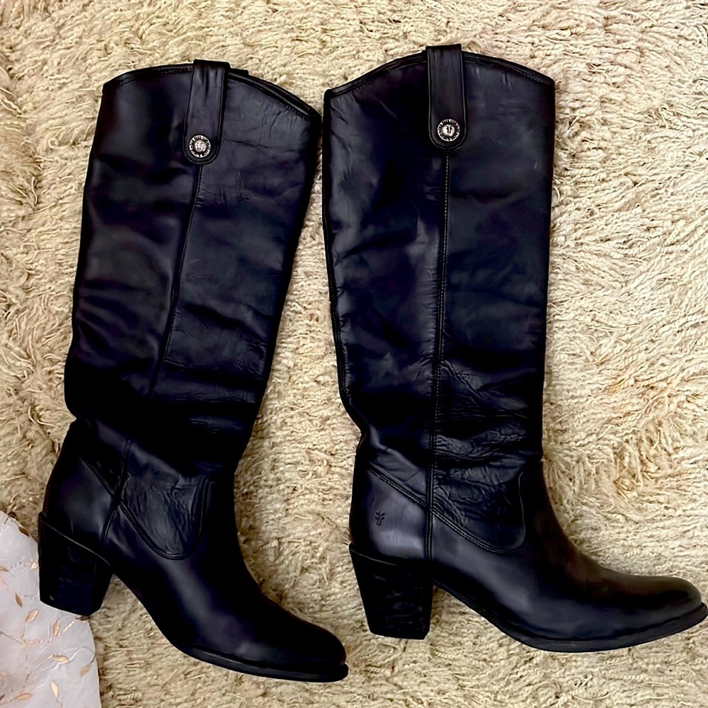 Tall Frye Boots- Melissa style, dark brown, barely worn- see the bottoms!